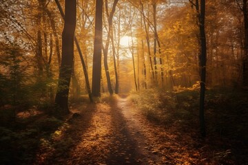 Ethereal Sunlit Forest Trail in Autumn with Golden Leaves Draped Over Ground and Trees Emitting Gentle Radiance path in the woods
