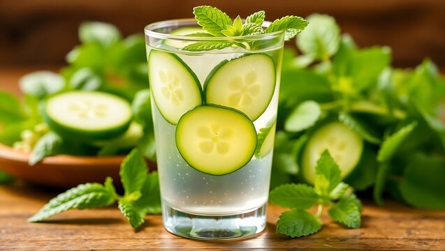 Glass of cucumber mint detox water, thin slices of cucumber floating, fresh background