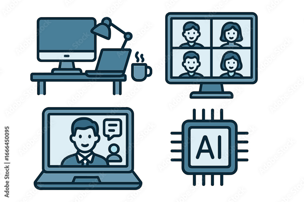 Poster modern office icon set with concepts for remote work, virtual meetings, and ai integration. vector i