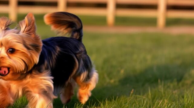 Yorki Dog Running On Grass Field Outdoors With Energetic Fun Spirit
