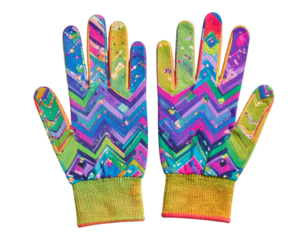 A pair of colorful fingerless gloves with funky 90s patterns
