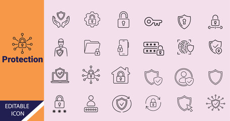 Collection of security and protection icons presenting shields, locks, keys, and fingerprint scanning on a light background