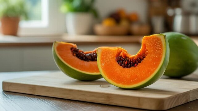 Zapote Fruit Freshly Cut Open On Table Showing Juicy Orange Pulp