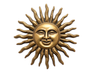 A souvenir pin shaped like a laughing sun