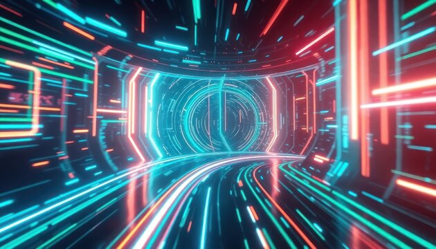 Dynamic futuristic data tunnel with glowing neon lines, representing high-speed connectivity and digital transformation. Ideal for technology, AI, or cybersecurity concepts.