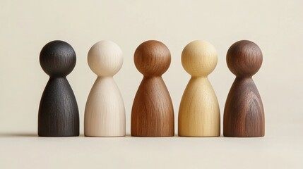 Five wooden figurines in varying shades stand side by side against a neutral background, showcasing minimalist design and craftsmanship.