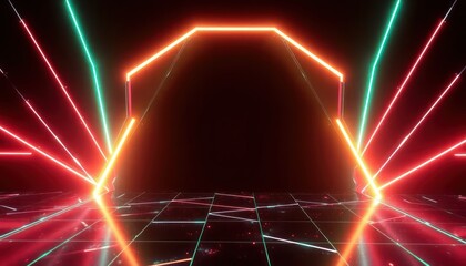 Vibrant neon light beams and a glowing geometric arch illuminate a reflective grid floor in a futuristic, abstract digital space. Ideal for technology, gaming, or event backgrounds.