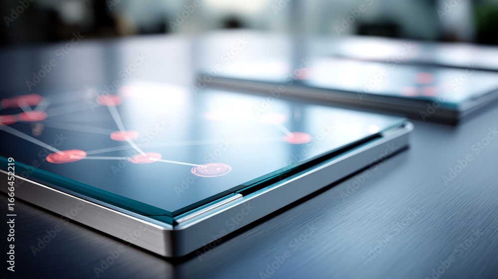 Poster sleek glass tablet with interconnected digital nodes and glowing lines forming a network pattern on 