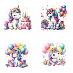 Naklejka premium Watercolor Birthday Unicorn Collage – Cute Cartoon Unicorns with Rainbow Manes, Balloons, Gifts, and Flowers (4 Designs)