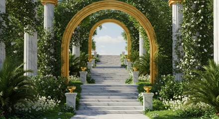 Fototapeta premium A stairway with golden arches and marble columns leading to a bright sky in a lush garden