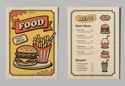 Vintage Style Food Menu Design For Restaurant