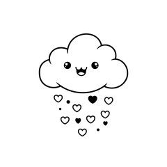 Cute Kawaii Cloud Raining Hearts, Love, and Happiness Doodle Vector Illustration.