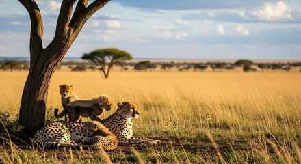 Cheetahs resting under a tree in the African savanna.