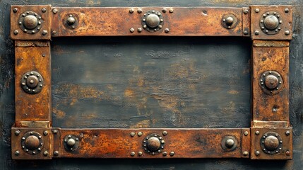 Fototapeta premium An antique metal frame with rivets and traces of rust will enhance steampunk and retro design projects, as well as book and poster designs.