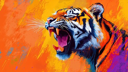 A vibrant, artistic depiction of a roaring tiger against a colorful background, showcasing its fierce expression and dynamic movement.