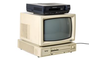 Retro video technology display a vintage CRT television set with a VHS player and computer console stack, representing nostalgic entertainment and media consumption