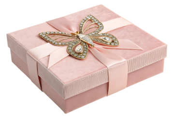 A pink gift box with a butterfly decoration on top