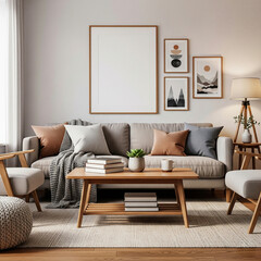 Cozy Living Room Interior: The scene presents a light-filled living space decorated with a modern, minimalist aesthetic. A comfortable sofa is adorned with decorative pillows and a soft blanket.