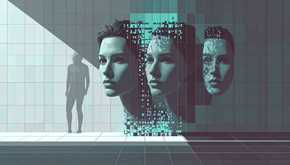 A futuristic illustration exploring the transformation of human identity into a fragmented digital consciousness and artificial intelligence