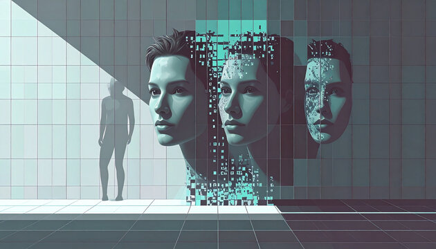 A futuristic illustration exploring the transformation of human identity into a fragmented digital consciousness and artificial intelligence