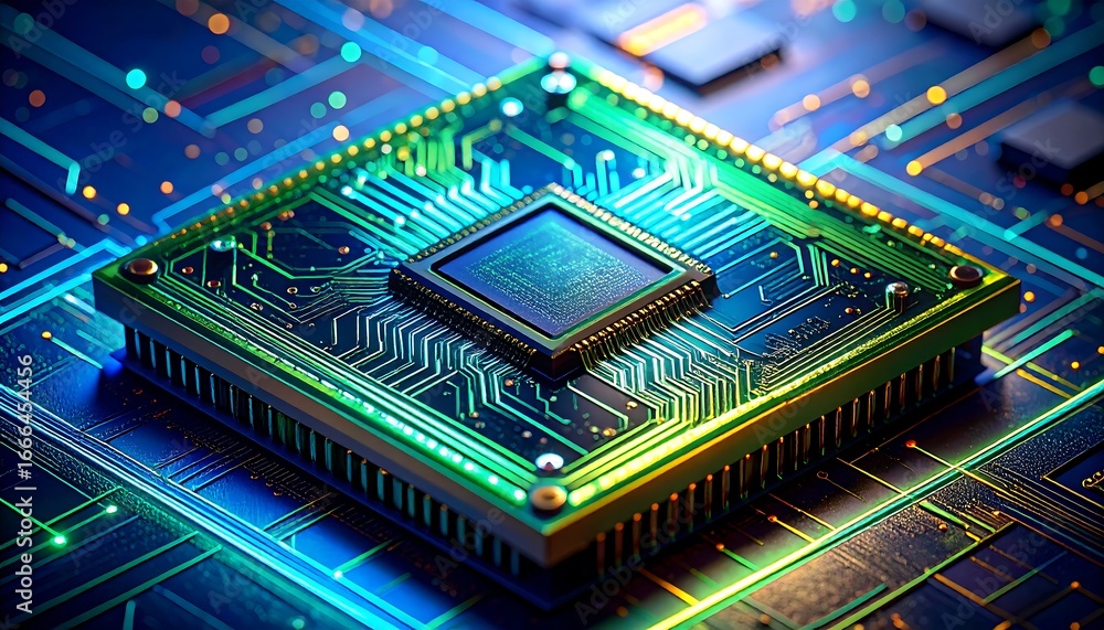 Poster close-up macro of a green electronic circuit board (pcb) with a processor microchip and capacitors, 