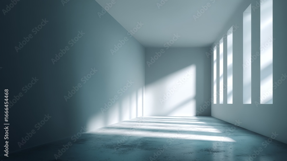 Aufkleber Bright minimalist room with natural window light casting linear shadows on white walls and concrete floor, creating a serene and airy atmosphere with subtle geometric patterns
