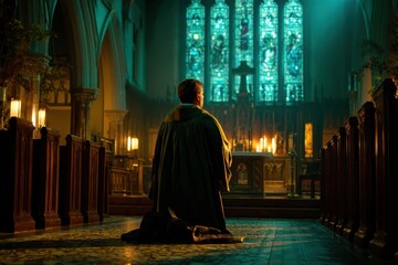 Naklejka premium A person kneels in prayer inside a dimly lit church, illuminated by the glow of candles and stained glass windows behind the altar