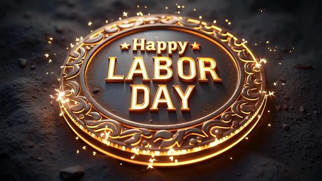 Happy Labor Day message on a vintage coin, celebrating worker's contributions with gold light