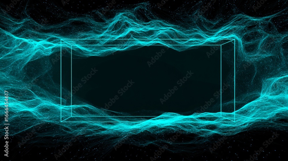 Poster a teal, glowing, box-shaped frame is set against a dynamic backdrop of swirling, digital particles, 