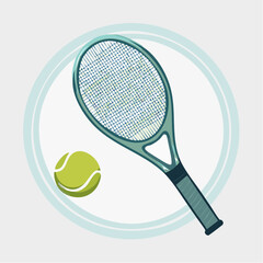 Flat vector icon of a blue tennis racket and a yellow ball for sports competition and active lifestyle leisure