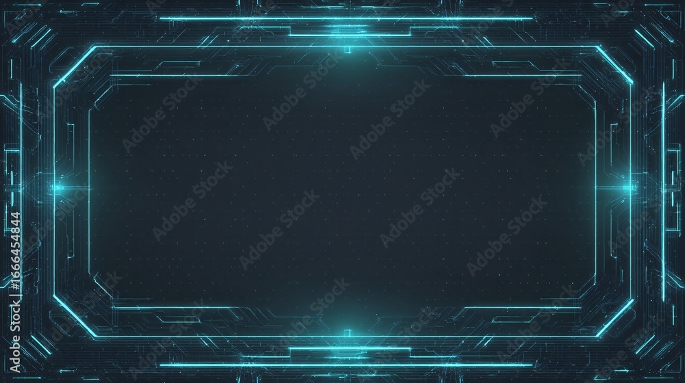Poster a dark, futuristic display with glowing turquoise circuit board lines frames a central void.