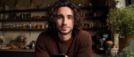 A young man with curly hair and a brown sweater smiles while sitting indoors, holding a phone, surrounded by cozy decor and plants