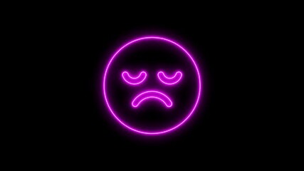 Animated neon sad face icon glowing brightly against a dark black background