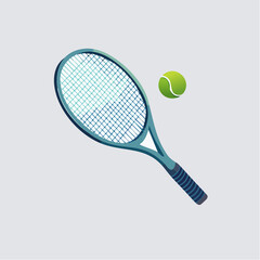 Flat vector icon of a blue tennis racket and a yellow ball for sports competition and active lifestyle leisure