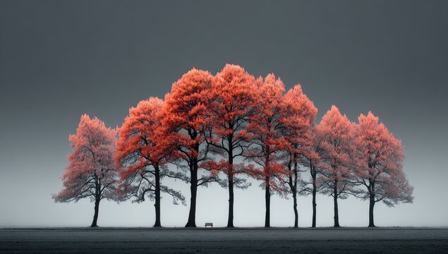 Row of vibrant coral trees in a misty landscape