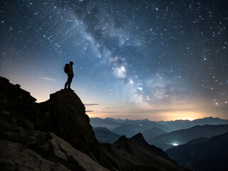 Fototapeta premium Silhouette Traveler On Mountain Ridge Under Starry Sky