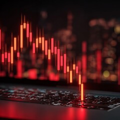 Golden titan bitcoin coin on a silver keyboard of laptop and diagram chart graph on a screen as a background. Virtual cryptocurrency concept. Mining of bitcoins online bussiness. Titans trading.
