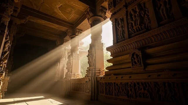 Sunlight Streaming Through Ornate Sandstone Temple Interior Featuring Detailed Carvings Columns Ancient Architecture And Intricate Stone Patterns