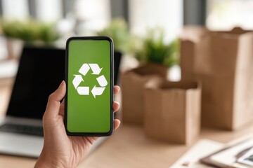 Hand holding smartphone displaying green recycling symbol, with blurred laptop and eco-friendly paper bags in the background, promoting sustainability and environmental awareness