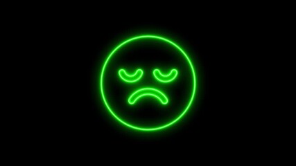 Glowing green neon sad face emoticon isolated against a solid black background - Powered by Adobe