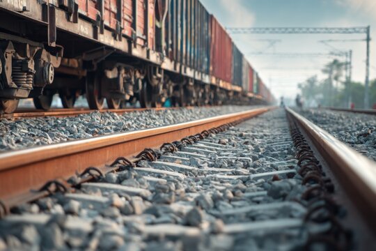 Low-angle view of railway tracks lined with gravel, leading towards colorful freight train cars in the distance, capturing the essence of transportation and industrial infrastructure