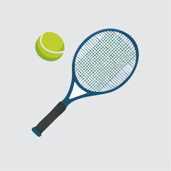 Flat vector icon of a blue tennis racket and a yellow ball for sports competition and active lifestyle leisure