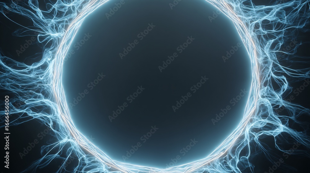 Poster a vibrant circular frame of ethereal light, showcasing a dynamic design with soft blue hues and dark