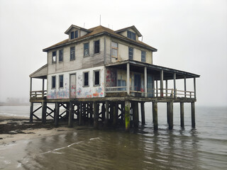 Weathered Stilt House In Shallow Coastal Water