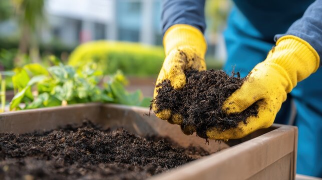 A person wearing yellow gloves prepares soil in a raised garden bed, getting ready for planting outdoors