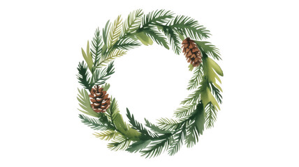 Watercolor christmas wreath isolated on transparent background, adorned with pine cones, evoking a festive and natural holiday spirit