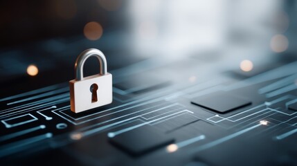 Digital security concept with superimposed lock on glowing circuit board network background, emphasizing data protection and cybersecurity for technology and innovation