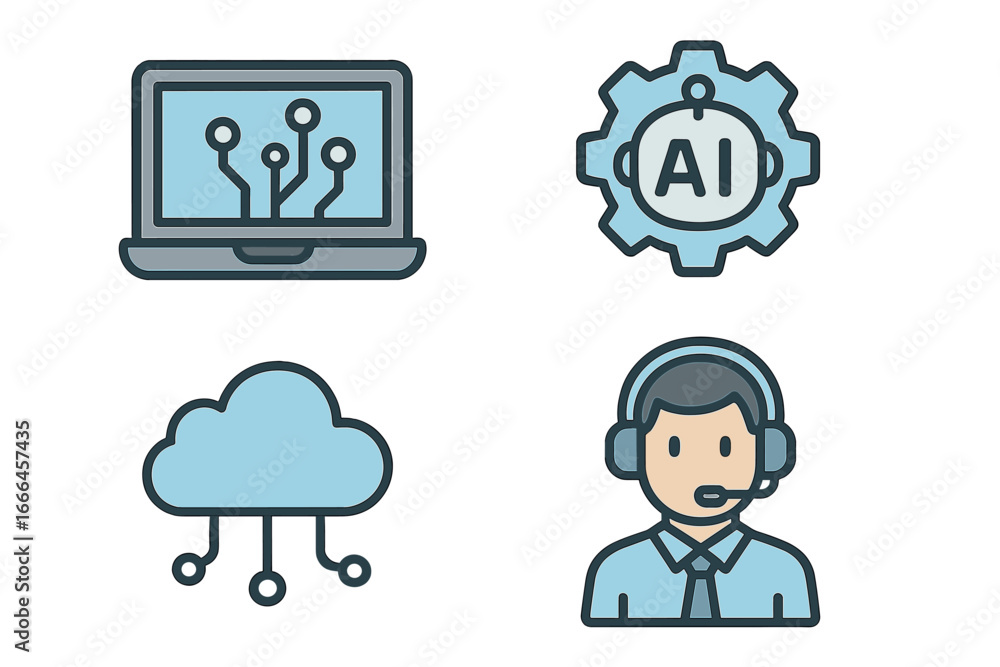 Poster technology icon set. artificial intelligence, customer support, cloud computing, machine learning. v