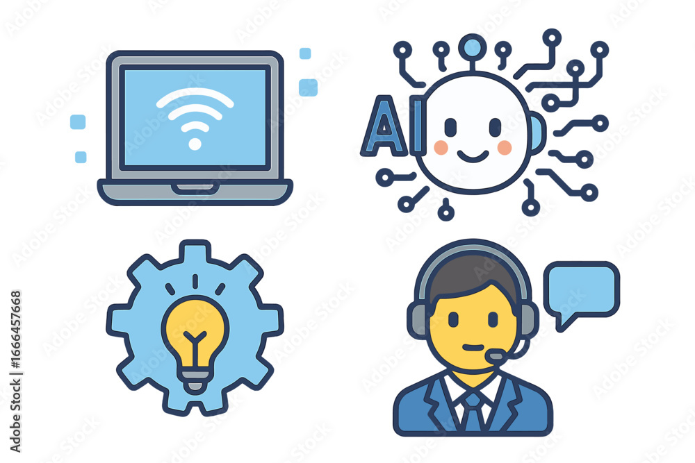 Poster technology and business vector icons. artificial intelligence robot, customer support, call center a