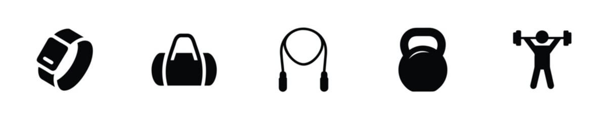 Fitness icons including smartwatch gym bag jump rope kettlebell weightlifter workout